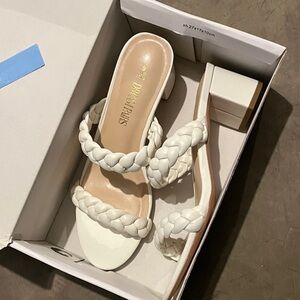 Dream Pairs White Braided Strap Block Heel Mules